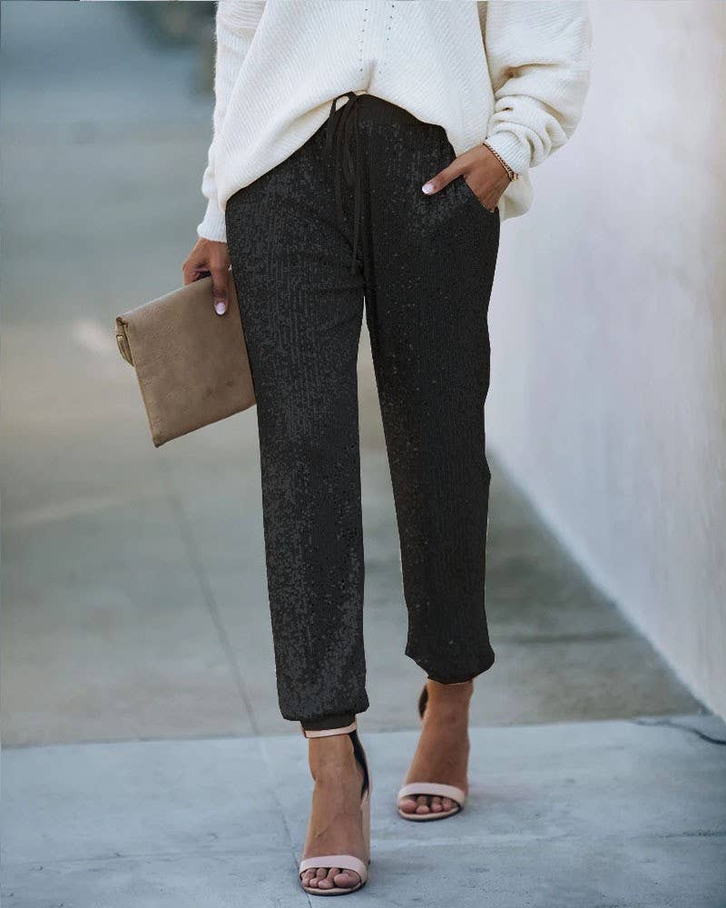 Thin Elastic Leg Sequin Basic Womens Pants