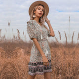 Tailored Floral Dress With Fringe V-Neck Lace-Up