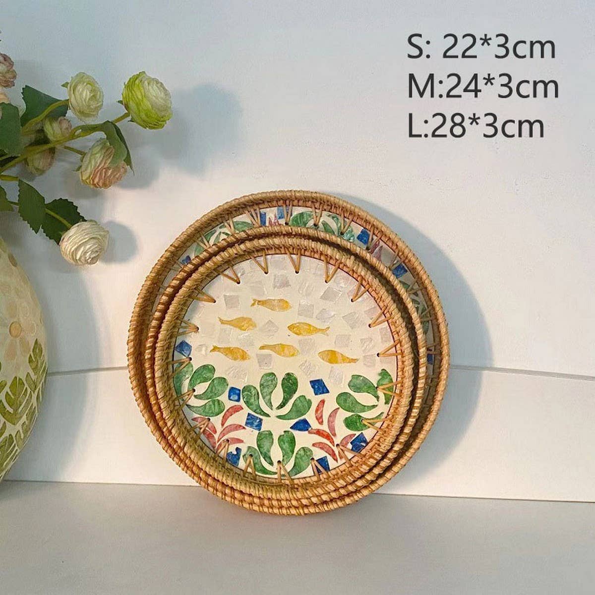 RATTAN COLORFUL SHELL FRUIT TRAY THREE PIECE SET_CWMM4428