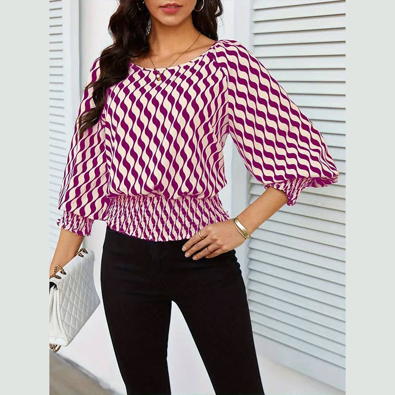 Waist-In Color Contrast Printed Long Sleevet-Shirt