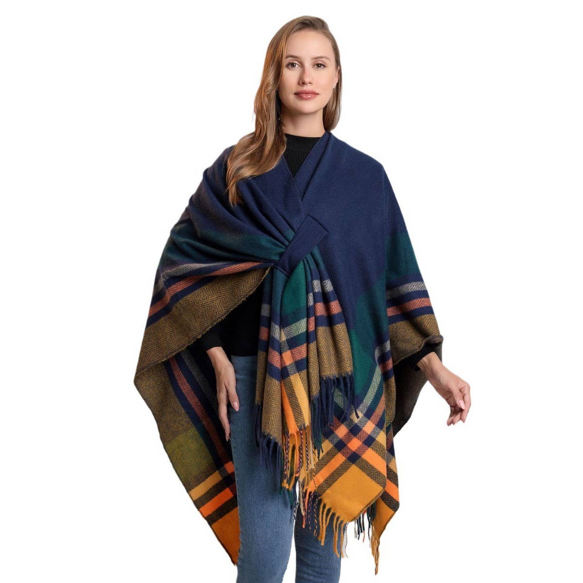 KNITTED FRINGED SHAWL DOUBLE SIDED PLAID SCARF_CWASC2178