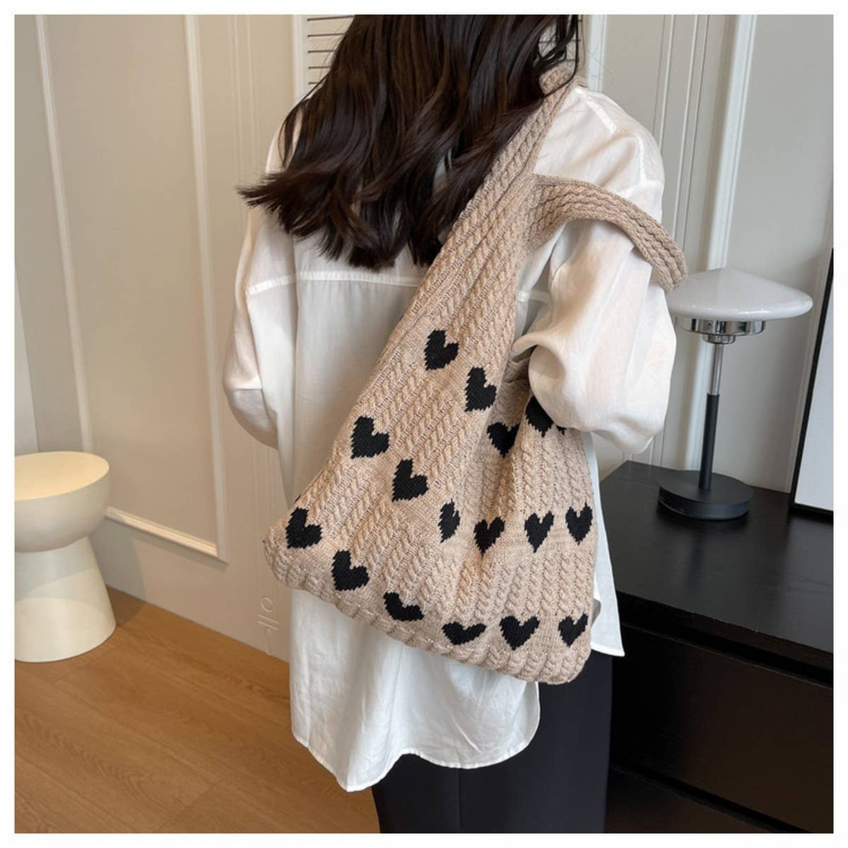 Cwab4569_Heart Pattern Knitted Large Capacity Tote Bag