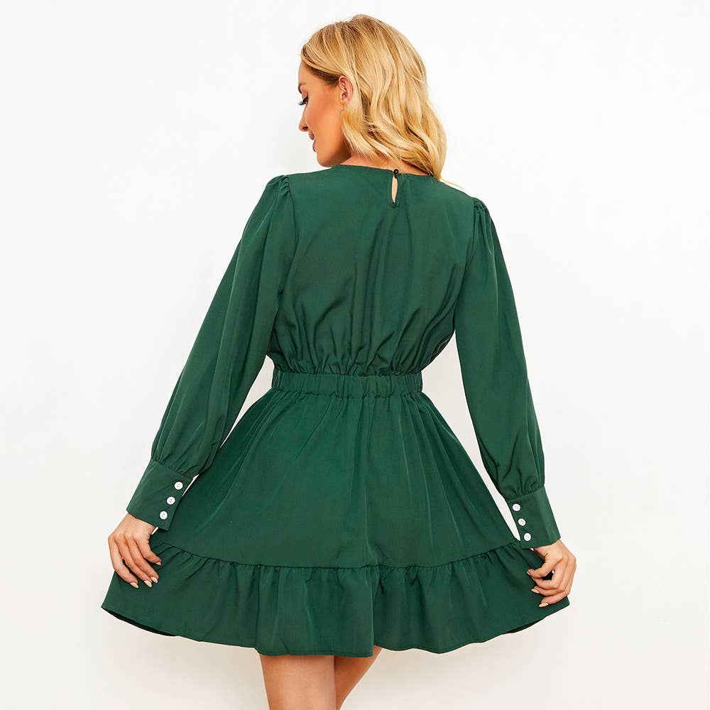 Solid Color Pinched Waist Long Sleeve Dress