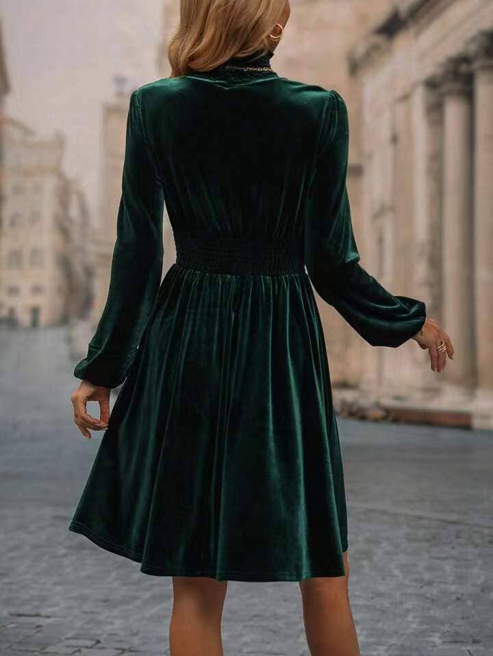 Velvet Long-Sleeved Dress With Waist Tucked
