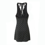 Vintage Polka Dot Print Deep V-Neck Halter Dress
