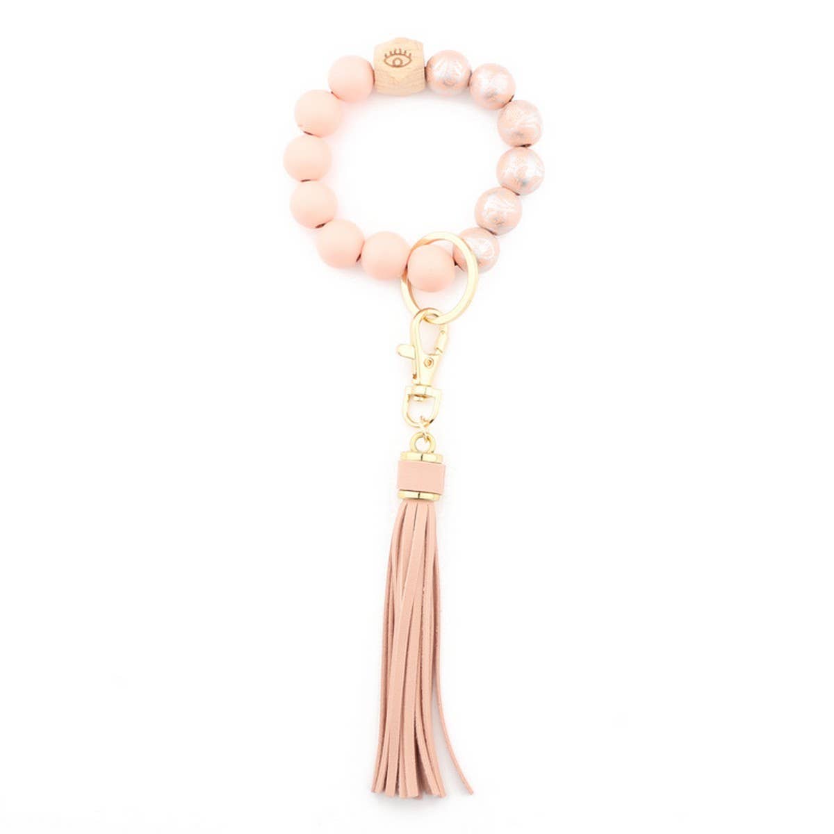 PRINTED WOOD BEAD BRACELET KEYCHAIN WITH TASSEL_CWMM7025