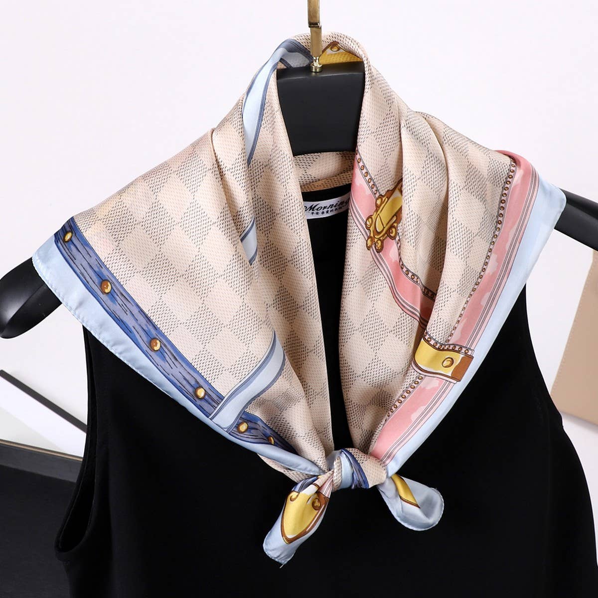 Vintage Letter Print Satin Square Scarf For Women_Cwasc0809