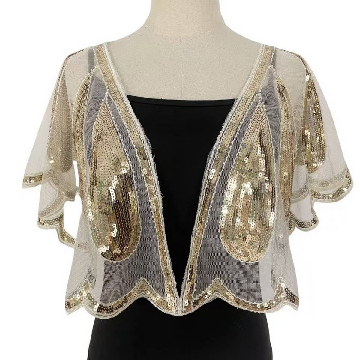 BEADED SEQUIN CAPELET VINTAGE EVENING SHAWL_CWMM8962