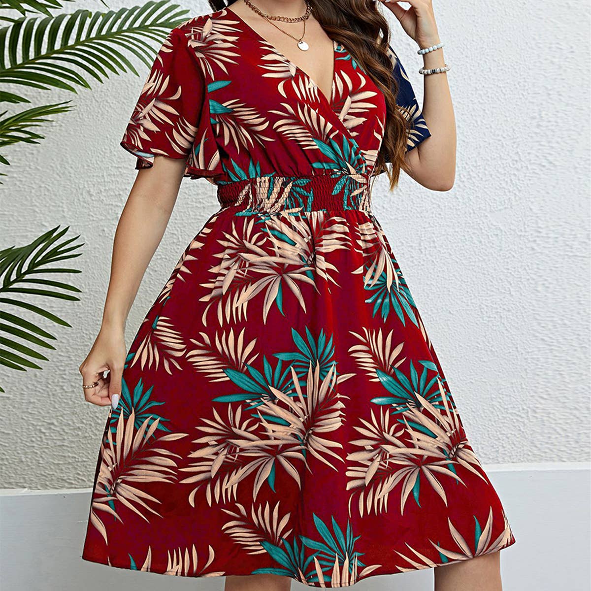 SUMMER RUCHED WAIST DRESS V NECK SLIM FIT_CWDMD5959