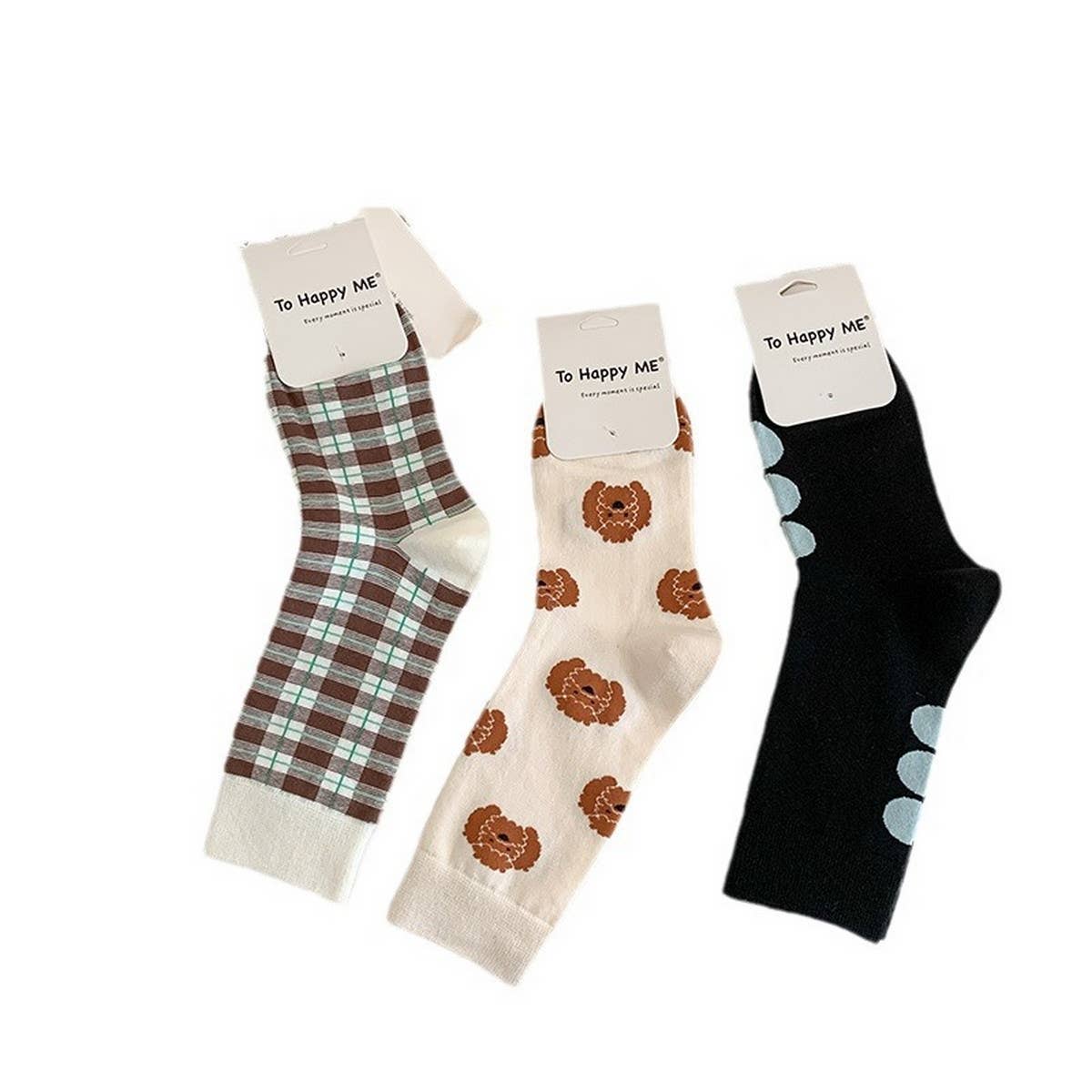 BROWN PUPPY POLKA DOT PLAID SOCKS_CWMS0955