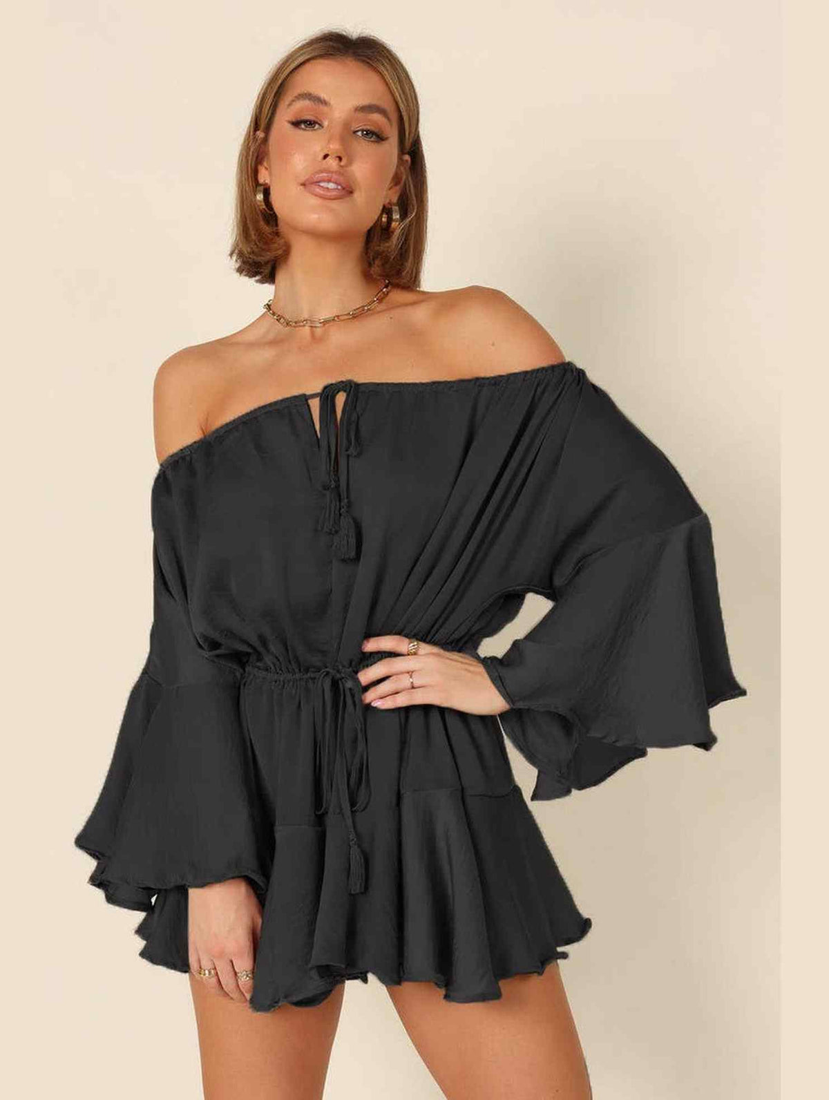 A LINE NECK DRAWSTRING FLARED SLEEVE JUMPSUIT_CWSJS0530