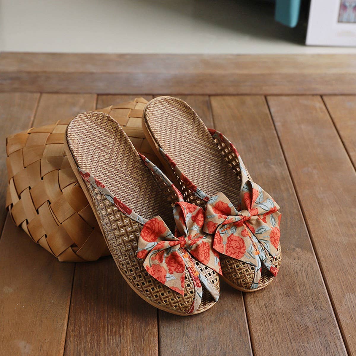 SUMMER WOVEN LINEN BOW MULES FOR HOME_CWSHF0194