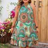 PLUS SIZE SLEEVELESS HALTER NECK PRINTED DRESS_CWDMD5974