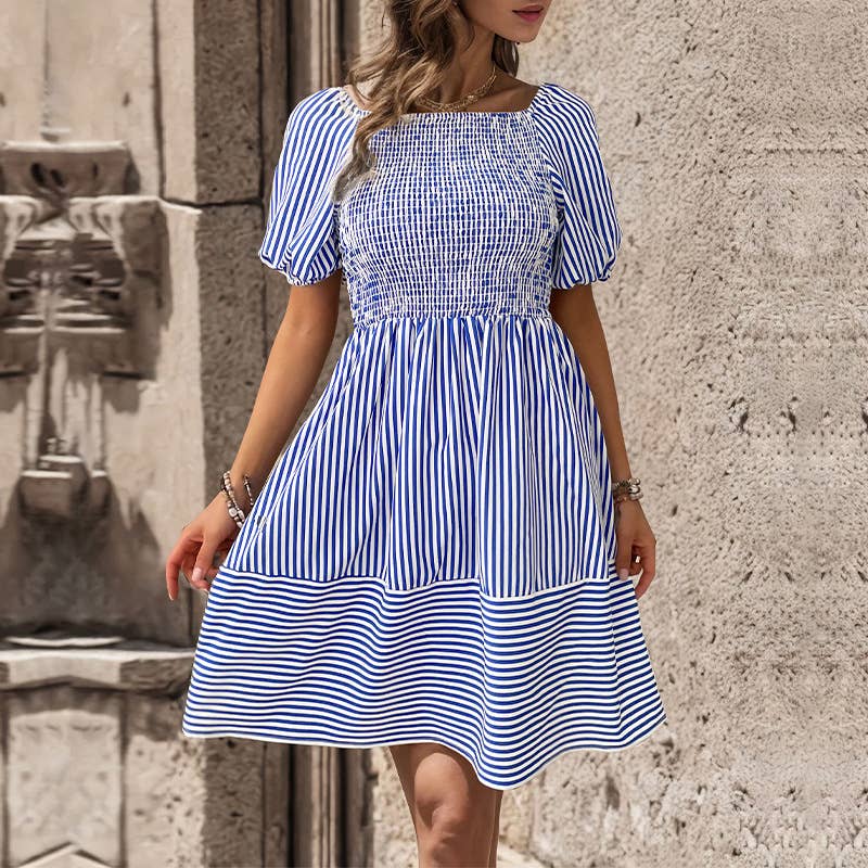 Striped Lapel Halter Dress With Puffy Sleeves