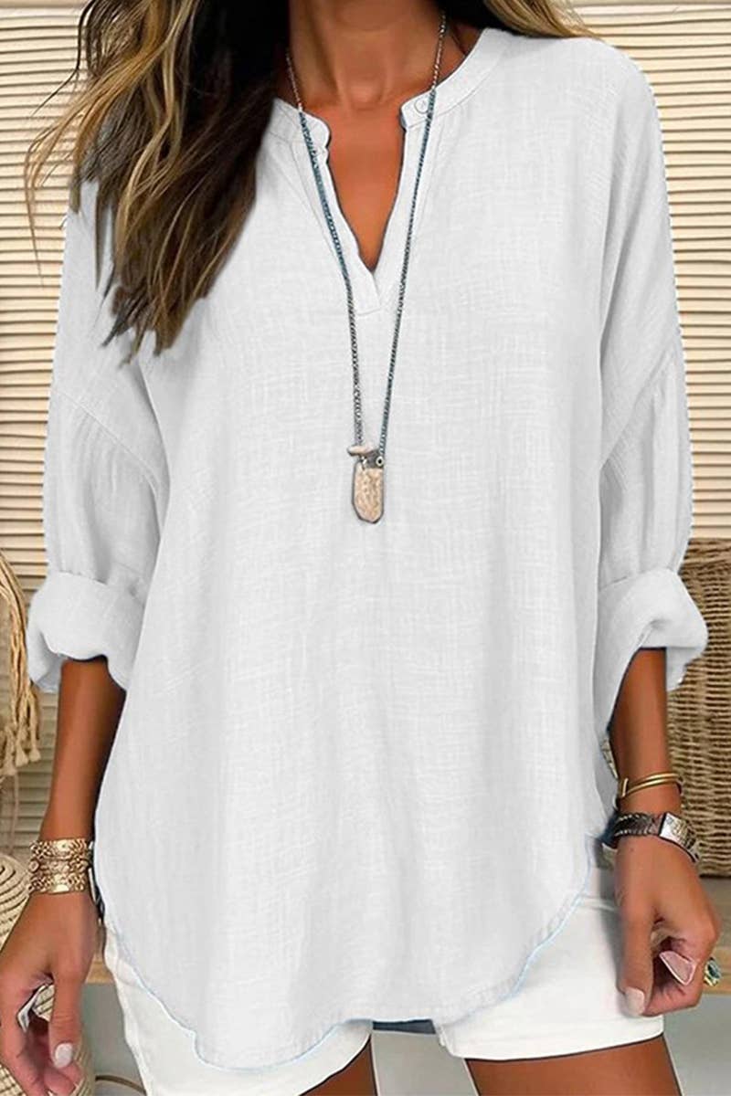 V-Neck Cotton And Linen Fashion Breathable Shirt