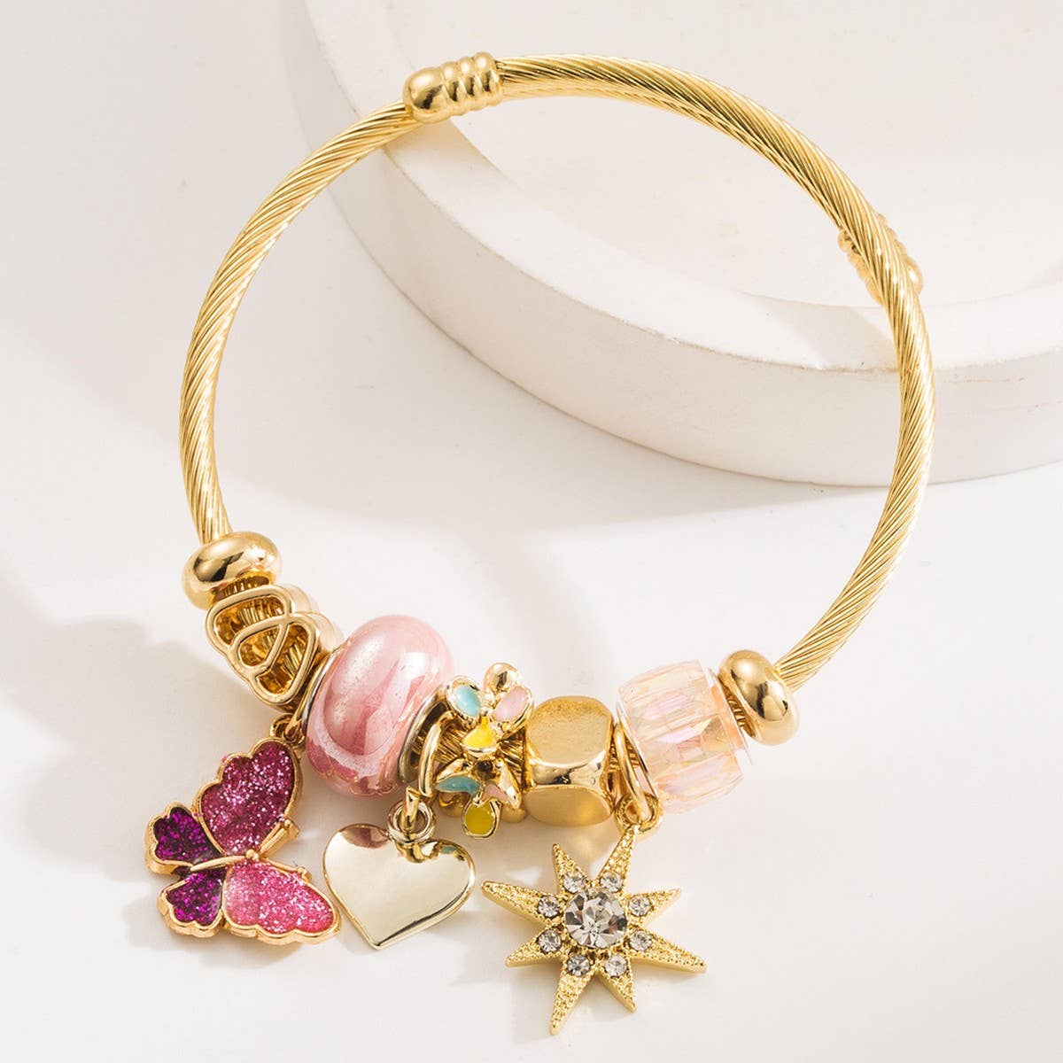 BEADED STEEL BRACELET WITH ENAMEL BUTTERFLY STAR_CWMM8564