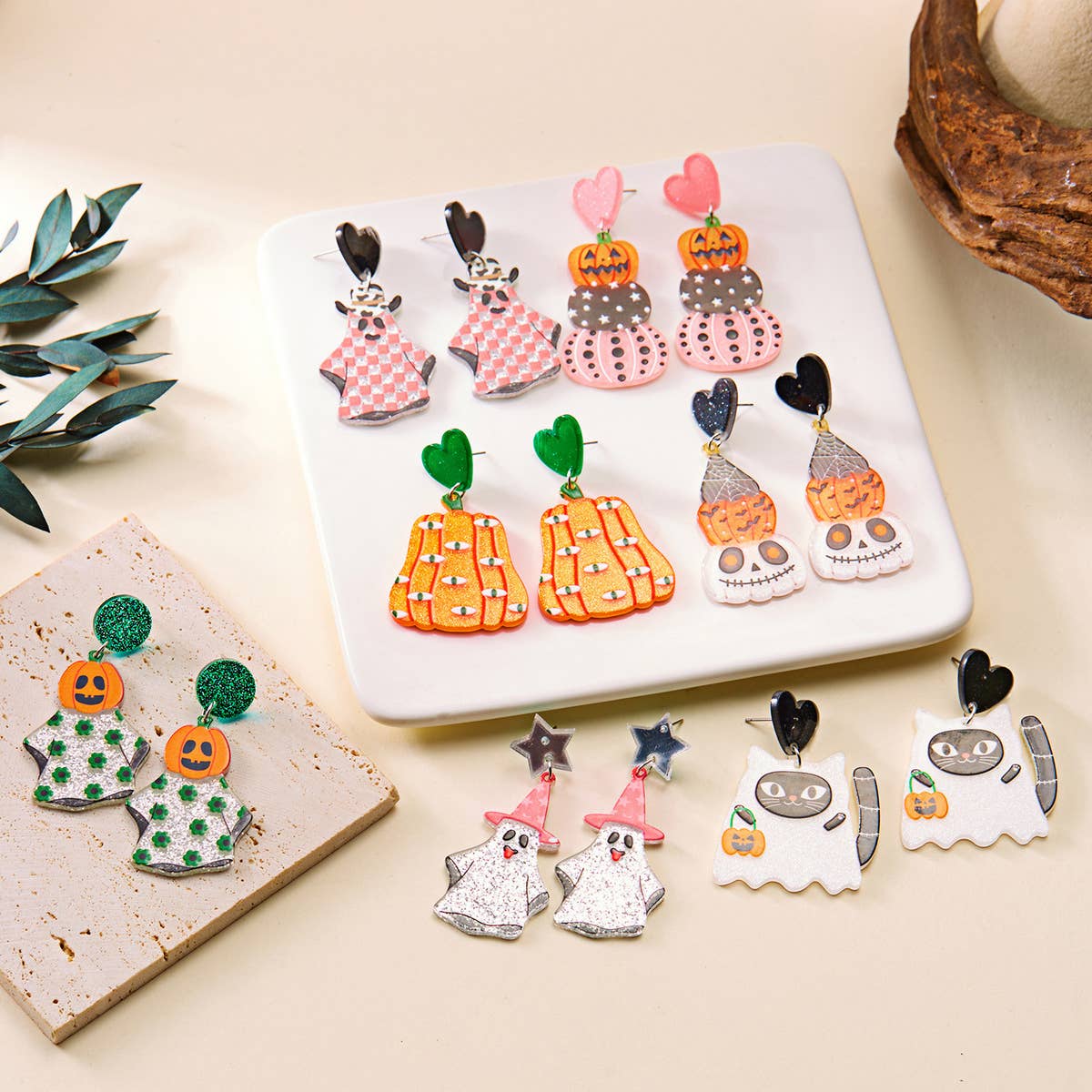 HALLOWEEN FUNNY PUMPKIN BAT LEAF EARRINGS_CWAJE2421