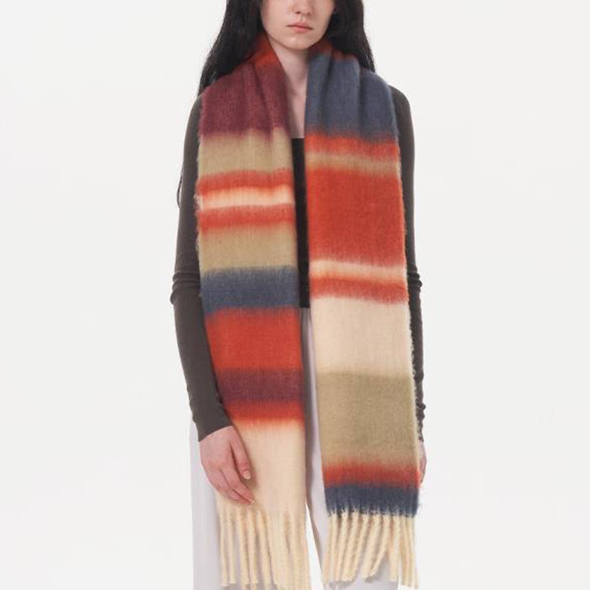 Women Contrasting Striped Fringed Plaid Scarf