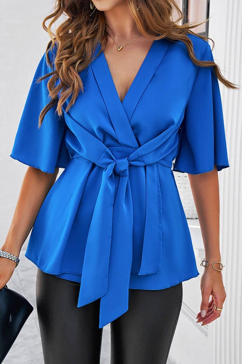Solid Color Elegant Short Sleeved Belted Top_Cwtsts0323