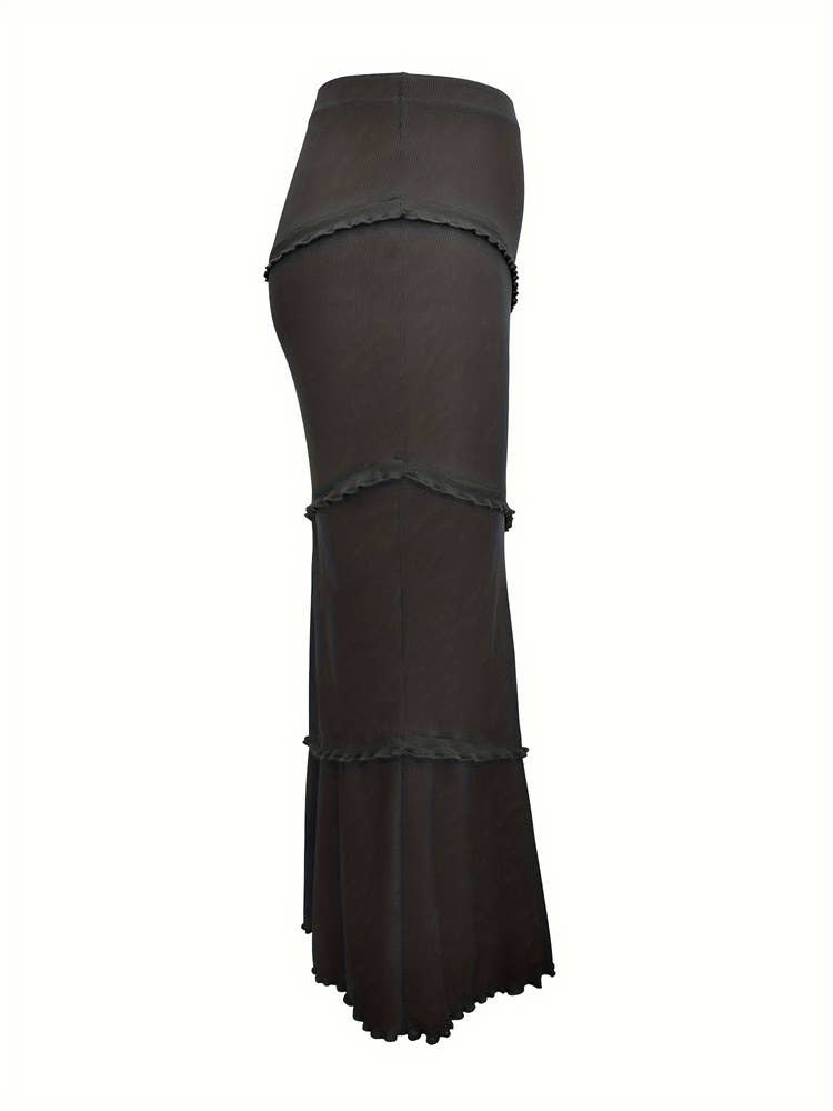 Solid-Color Ear-Trimmed Knit Fishtail Skirt