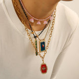 Vintage Steel Square Evil Eye Pendant Necklace_Cwmm8824