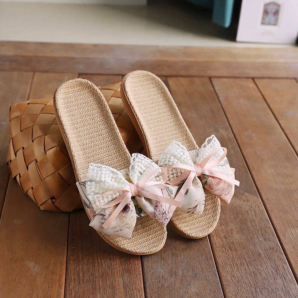 CUTE BOW LINEN SLIPPERS FOR HOME OFFICE_CWSHF0193