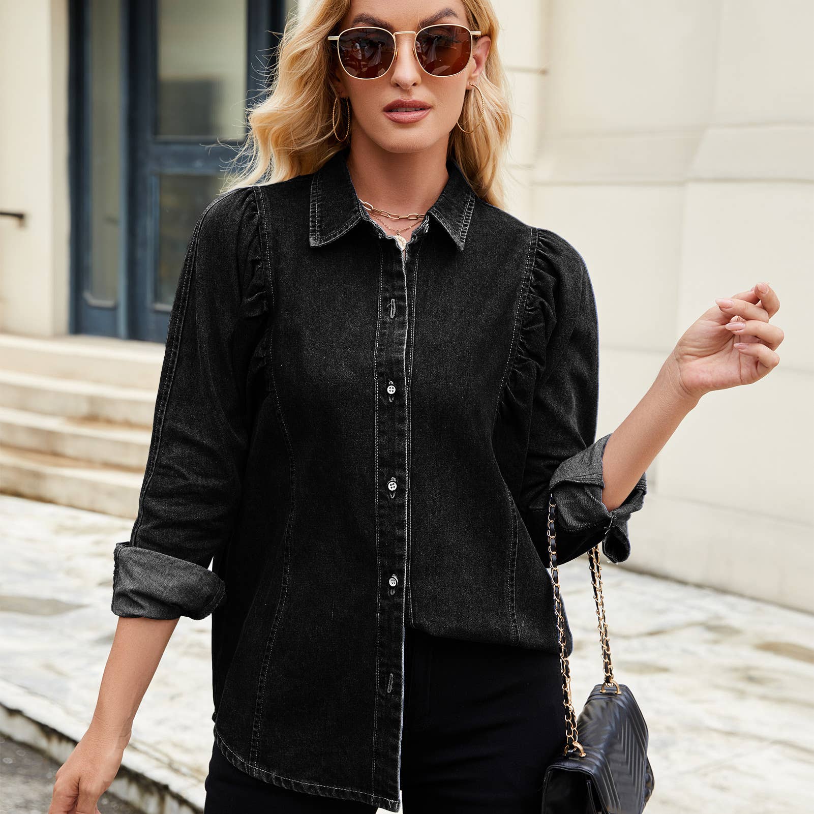 Washed Shoulder-Shrugging Denim Long Sleeve Shirt