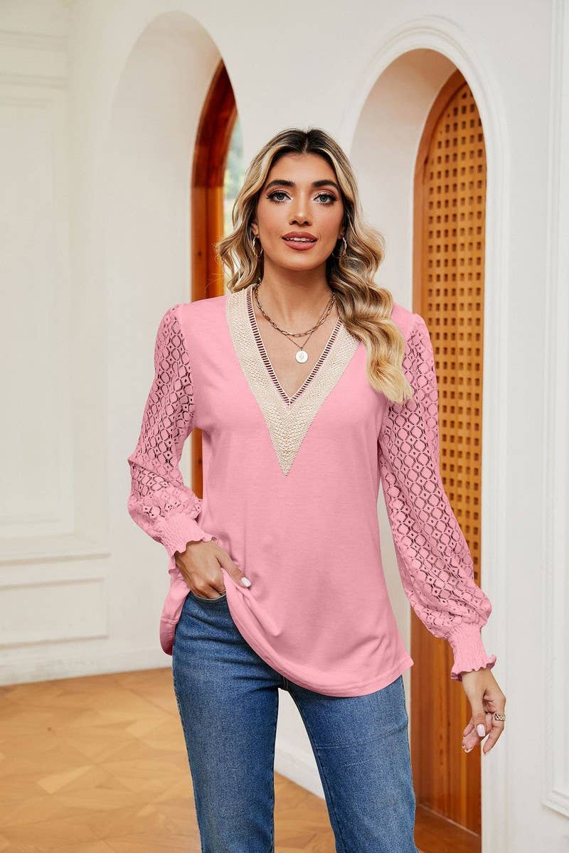 Cwtbll2401_V-Neck Lace Stitching Long-Sleeved Casual Top