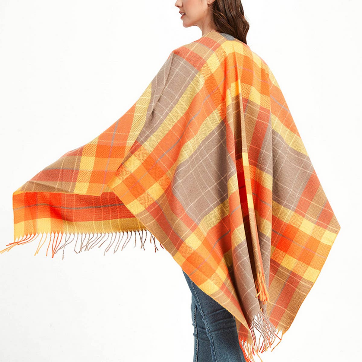 CAPE DOUBLE SIDED PLAID SLIT SHAWL_CWASC1209