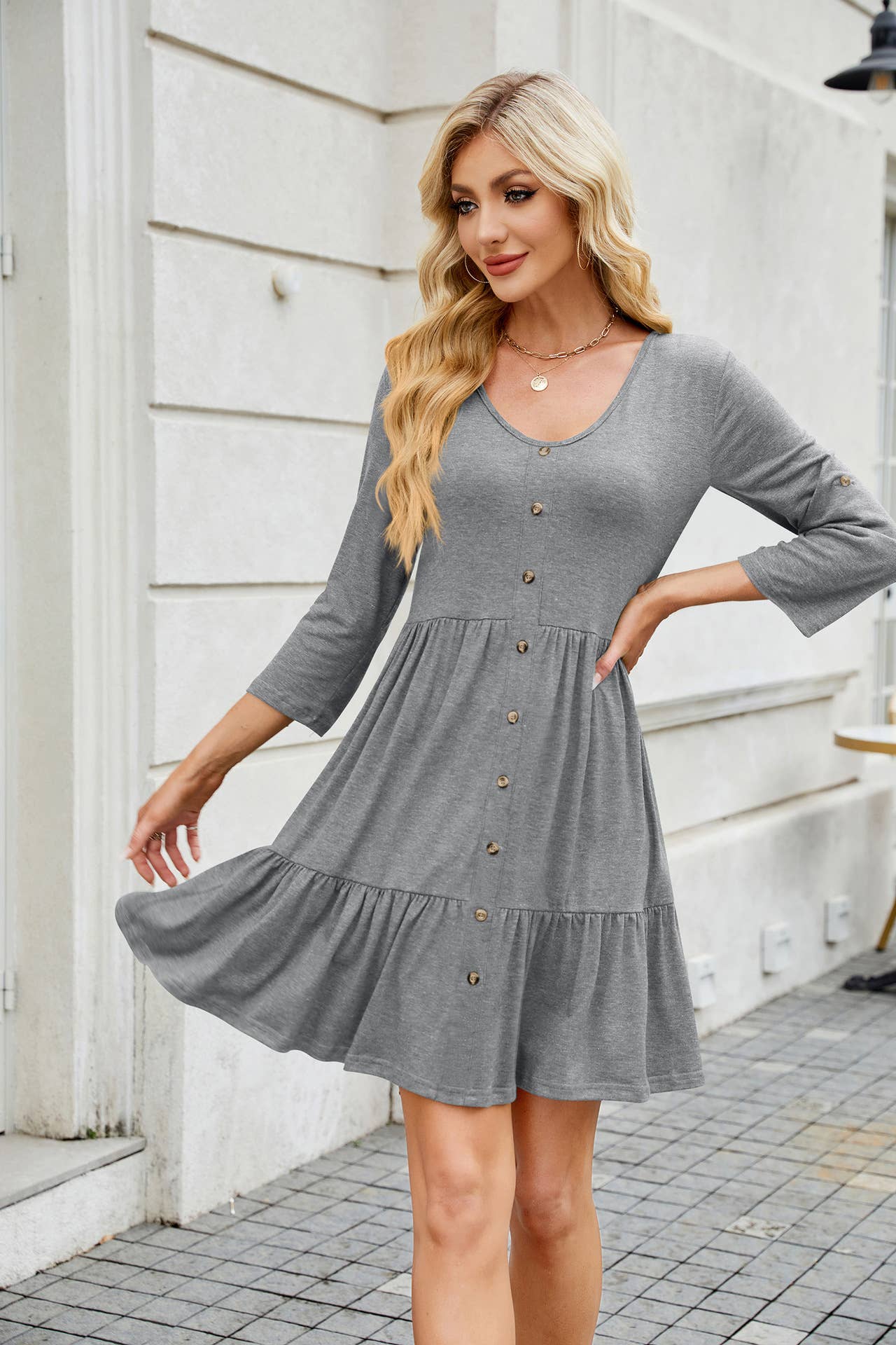 Solid Color Crew-Neck Button Mid-Length Dress