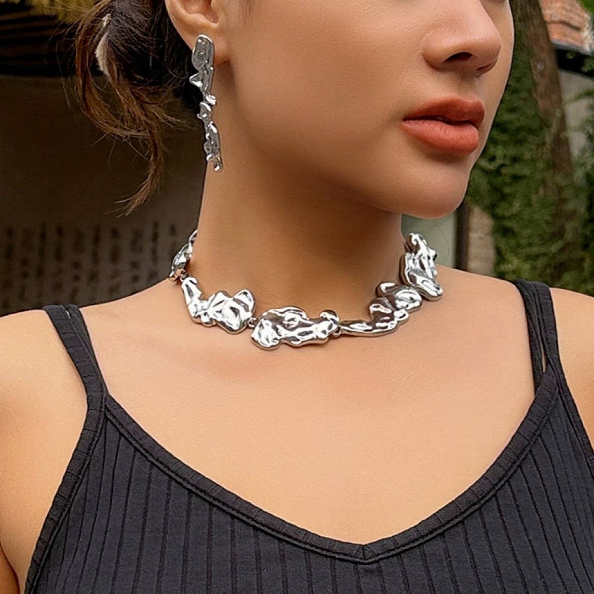 Wrinkled Metal Irregul Vintage Necklace Set_Cwmm3249