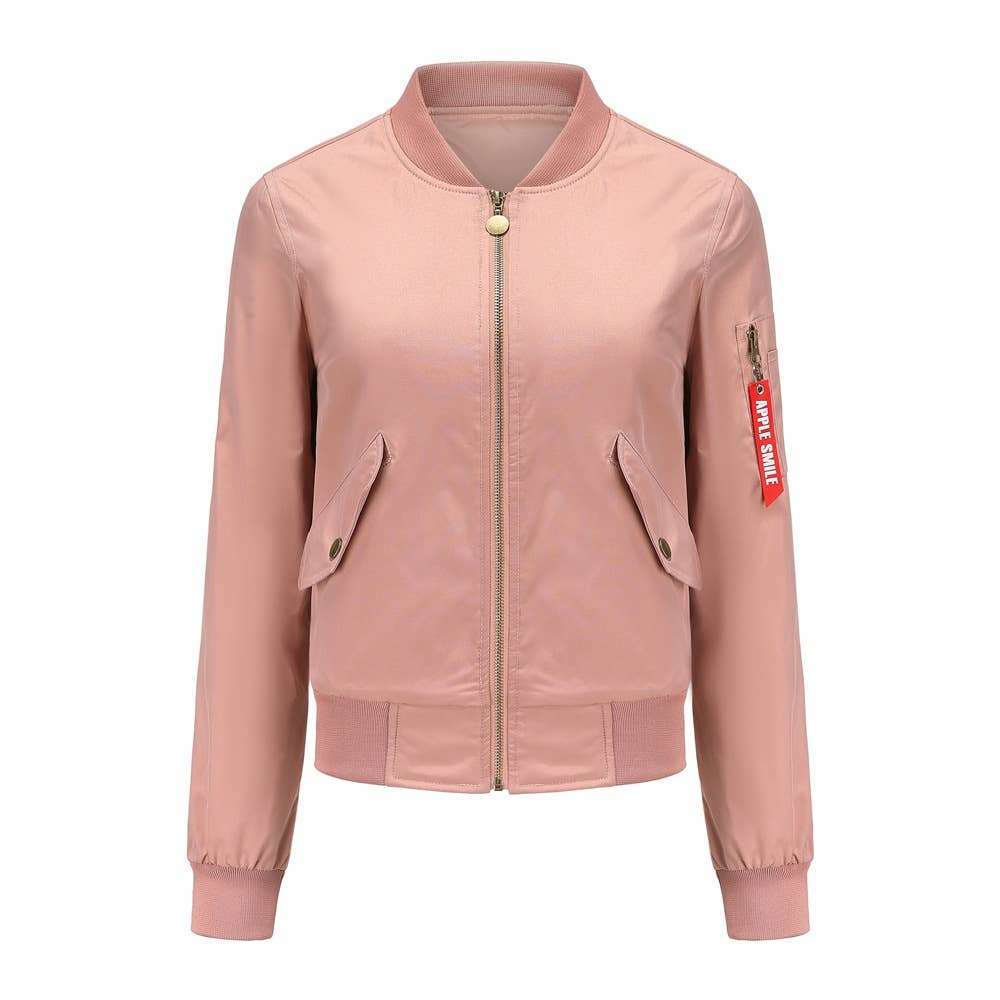 Solid Color Zipper Bomber Jacket