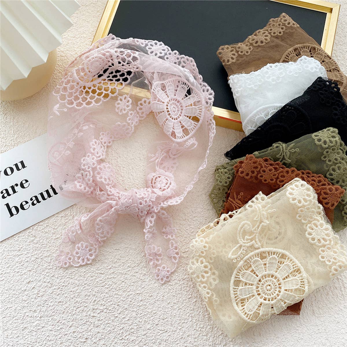 LACE FLORAL TRIANGLE SCARF NECK HAIR WRAP_CWASC0851