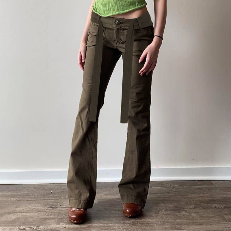 Street Style Solid Color Belt Lace-Up Basic Pants