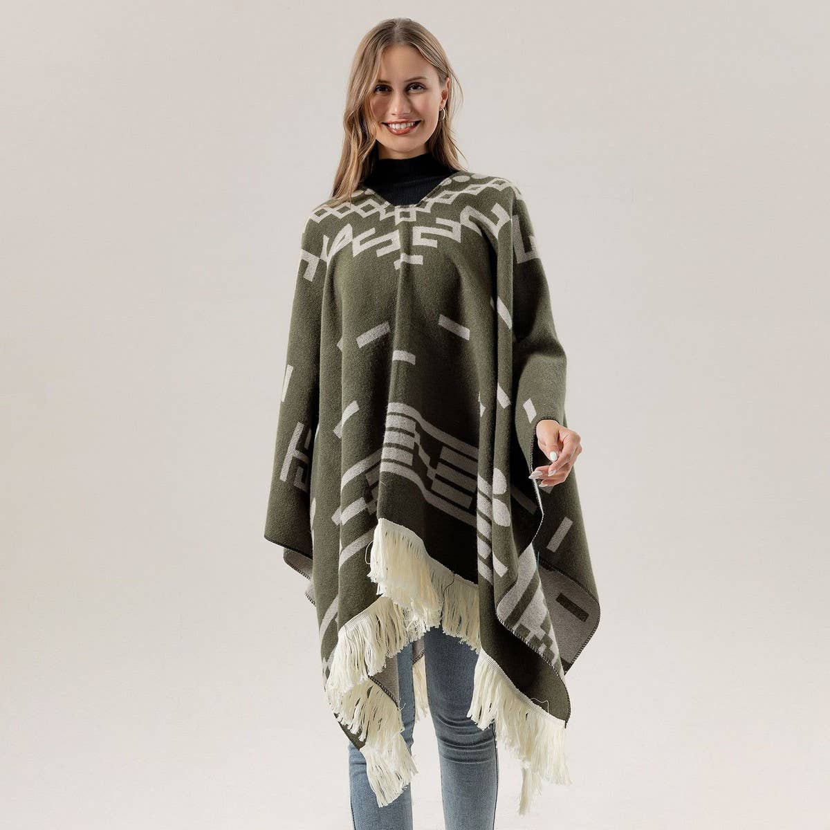 FRINGED PULLOVER CAPE CLOAK WARM KNITTED SHAWL_CWASC2265