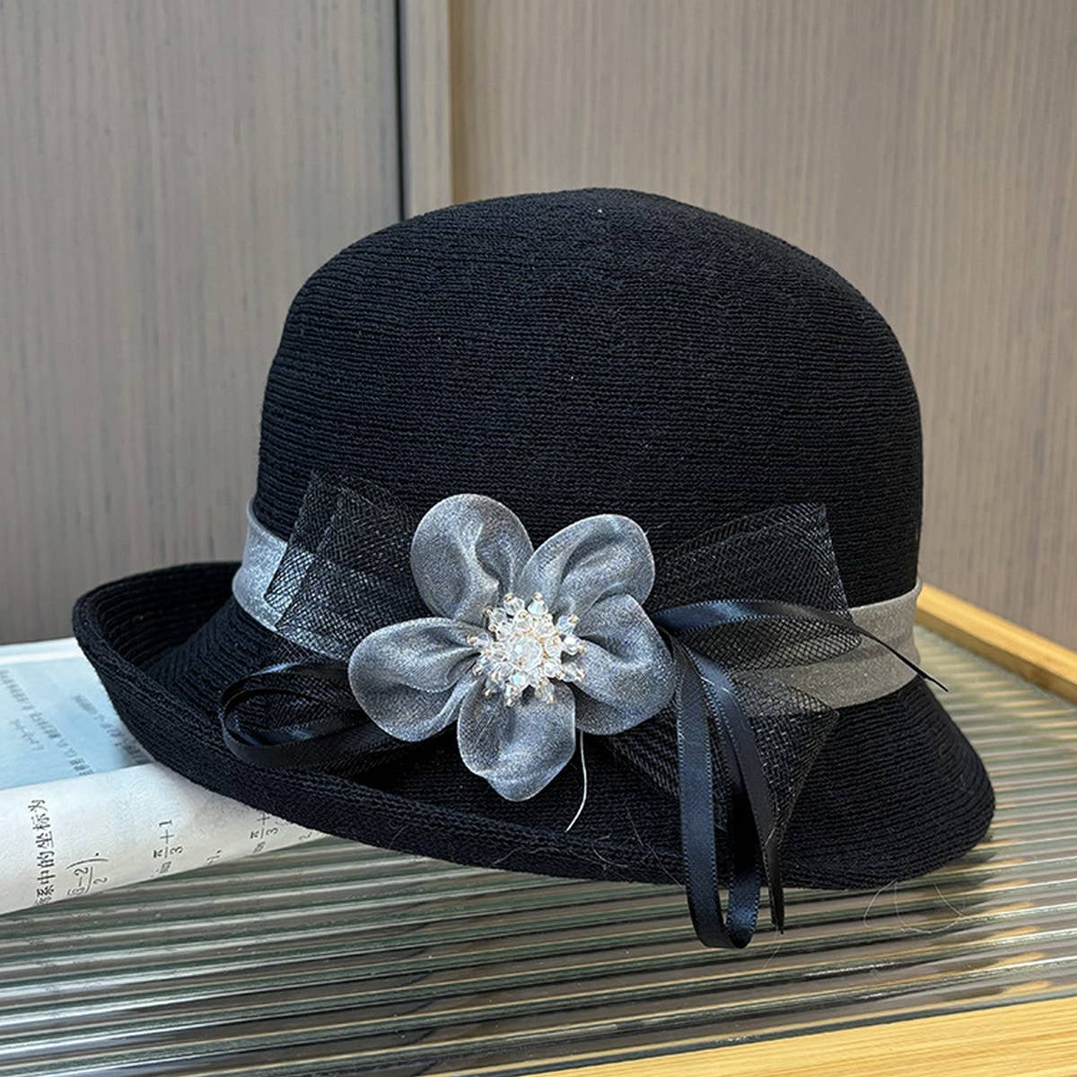 KNITTED SUNSHADE MESH FLOWER BOW BUCKET HAT_CWAH1212