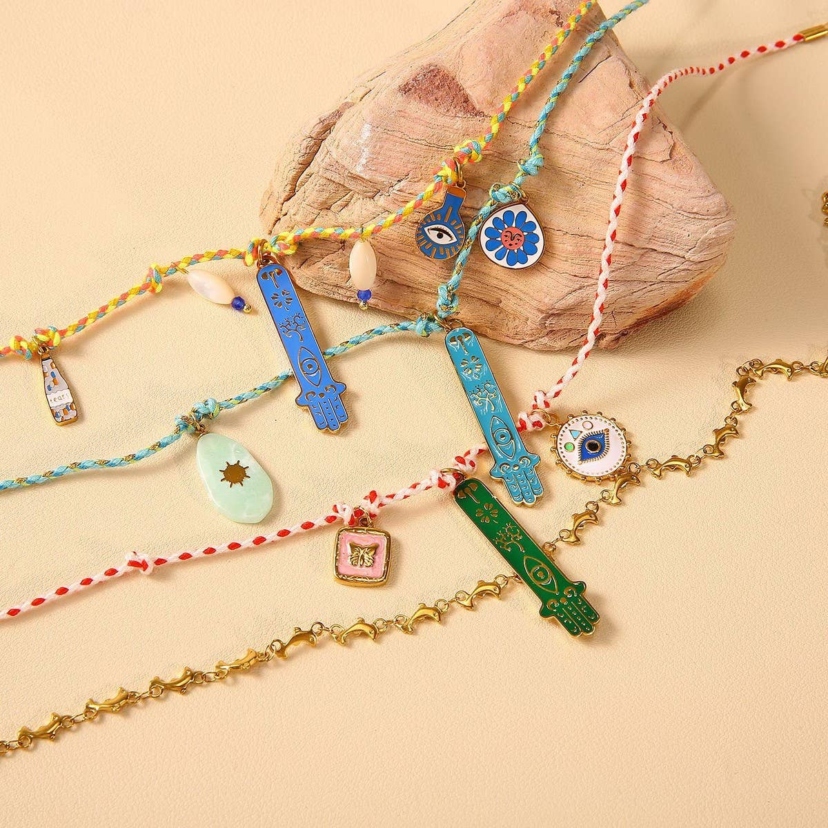 KNOTTED COTTON ROPE NECKLACE WITH FATIMA PENDANT_CWMM8855