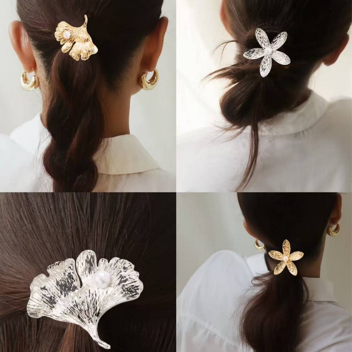 METAL GINKGO LEAF HAIR TIE WITH PEARL ACCENT_CWAHA6231