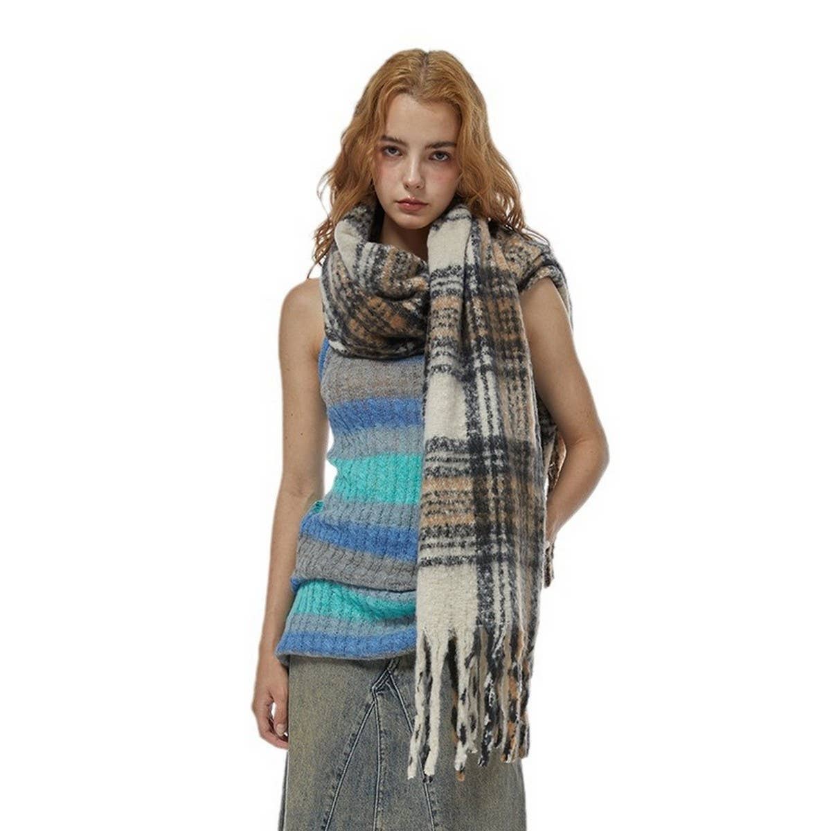 Wide Faux Cashmere Tassel Scarf-Winter Plaid Shawl_Cwasc2309