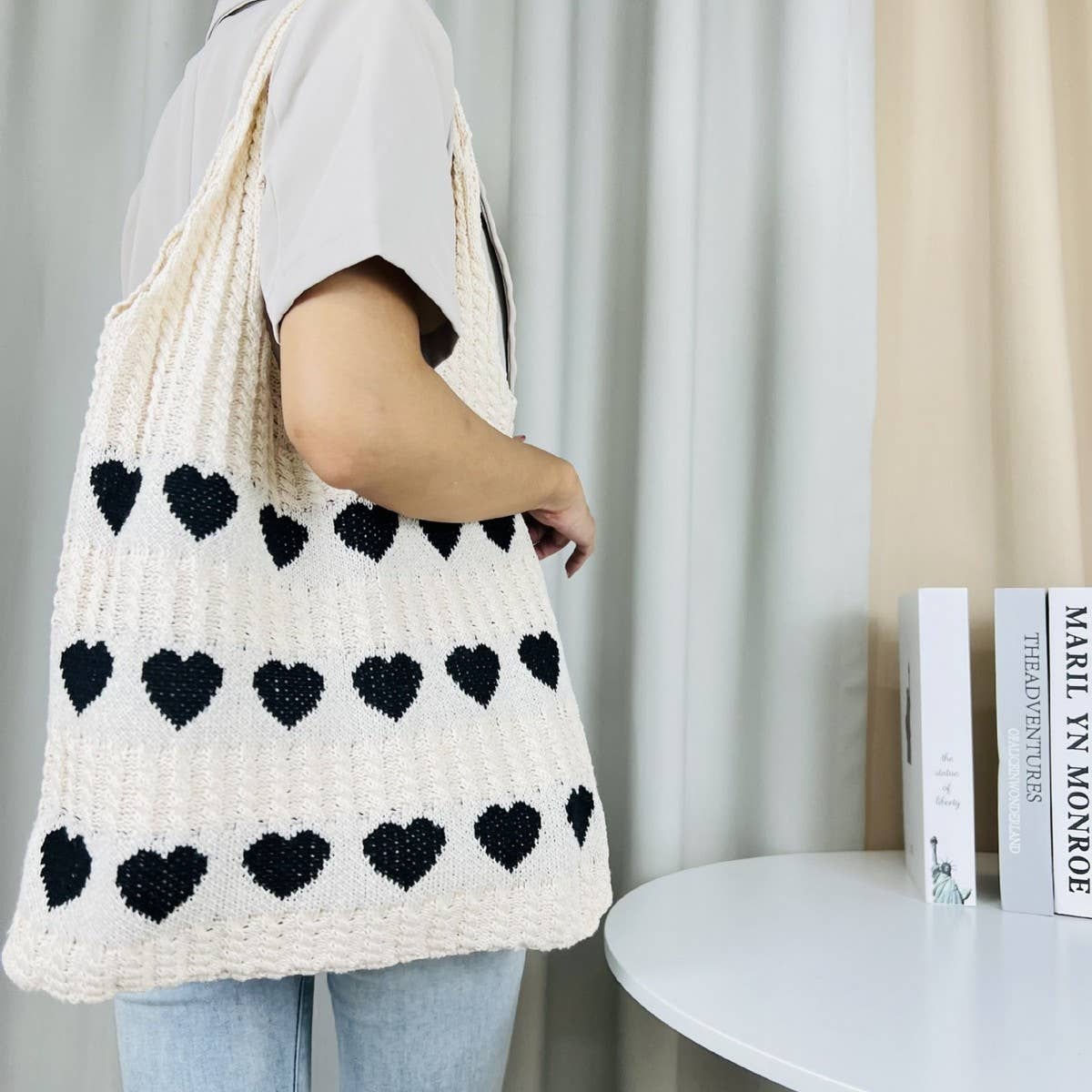 Cwab4569_Heart Pattern Knitted Large Capacity Tote Bag