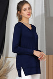 Solid V Neck Long Sleeved Shirt_Cwttl1434