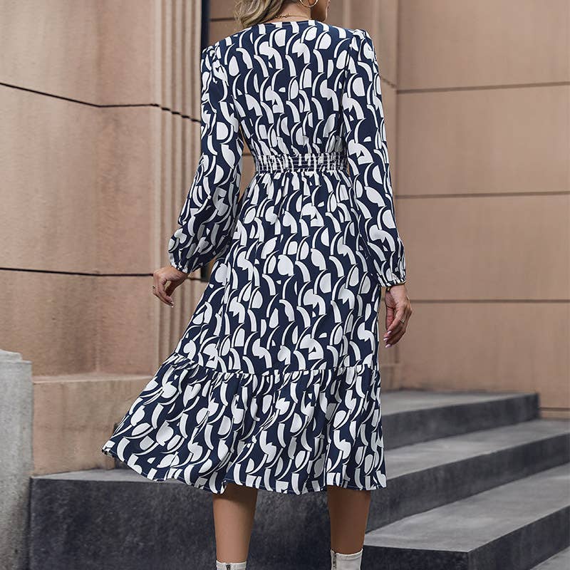 V-Neck Abstract Print Waistline Long Dress