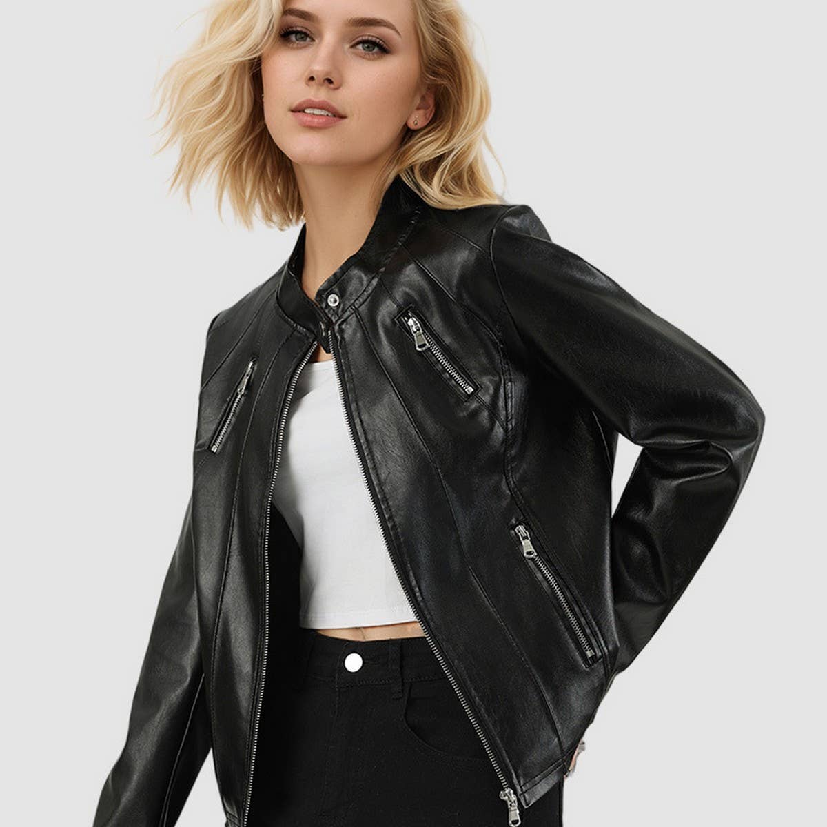 SLIM FIT STAND COLLAR FAUX LEATHER JACKET WOMEN_CWMM9025