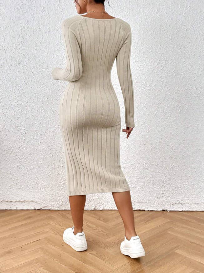 Square-Neck Long-Sleeved Solid-Color Dress