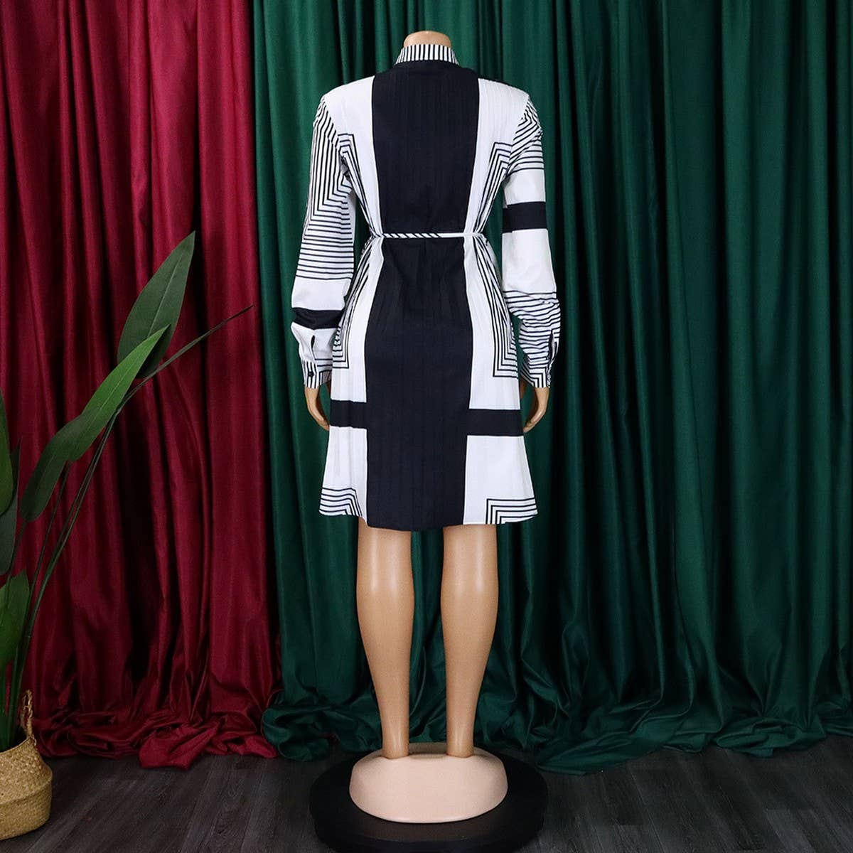 PRINTED PLEATED FASHION TIE CASUAL PLUS SIZE DRESS_CWDSD6160