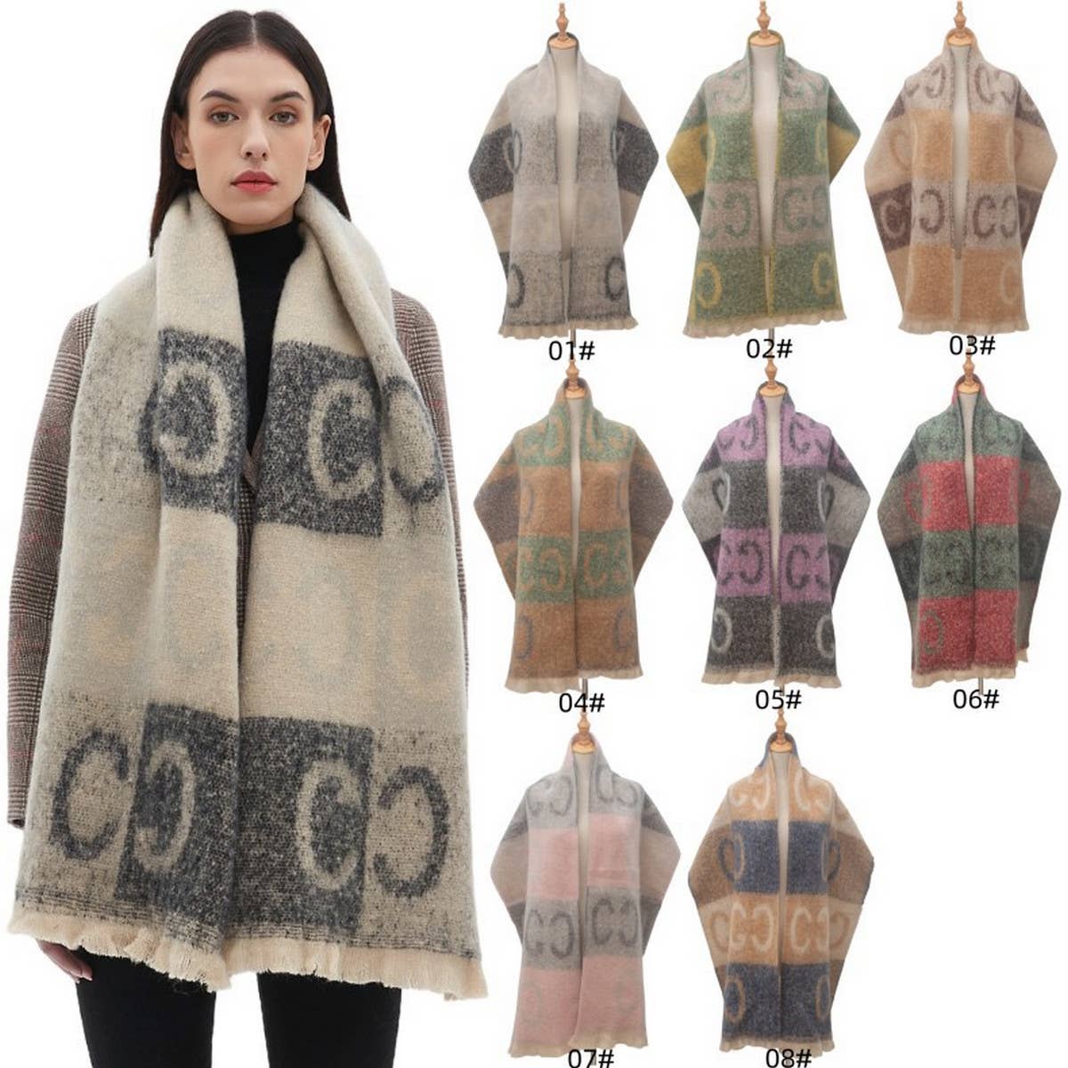 LETTER JACQUARD SCARF WINTER SHORT FRINGE WRAP_CWASC0863