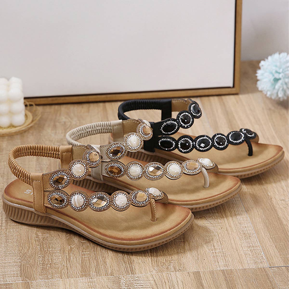 Women Bohemia Bling Rhinestone Pearl Flat Sandals
