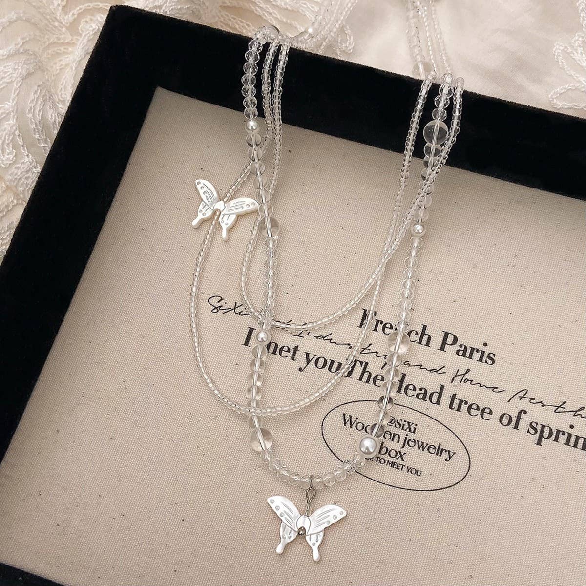Transparent Crystal Beaded Butterfly Necklace