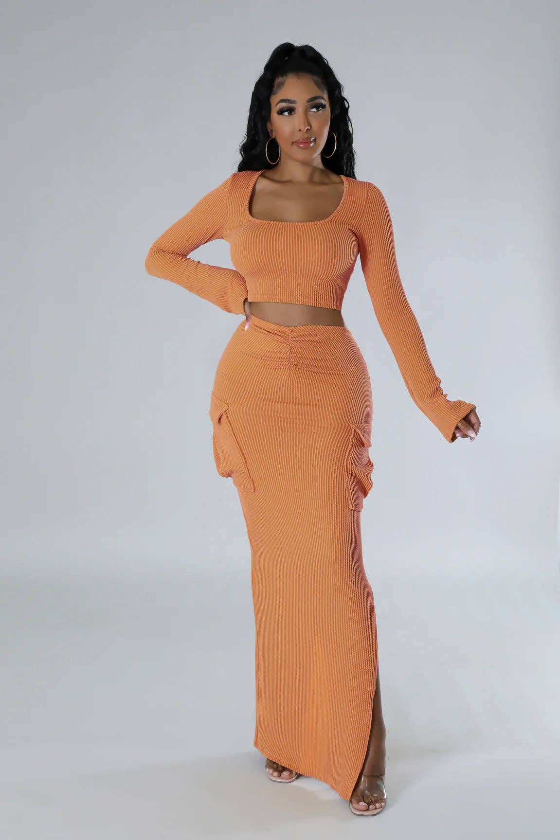 U-Neck Tight Top Long Skirt Two-Piece Set