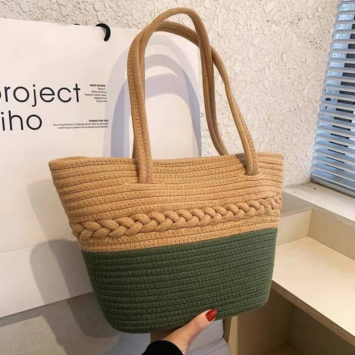 NEW COLOR BLOCK SINGLE SHOULDER STRAW BAG_CWAB1880